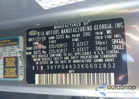 2019 Kia Sorento 2.4L L z USA, uszkodzony, nr VIN 5XYPG4A33KG602852